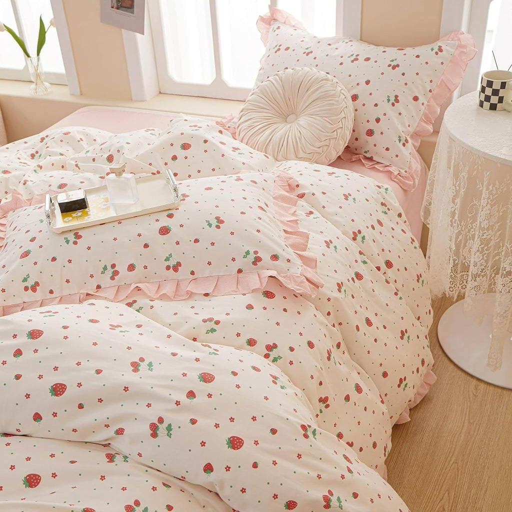 Encantador juego de funda nórdica de 3 piezas con estampado de fresas