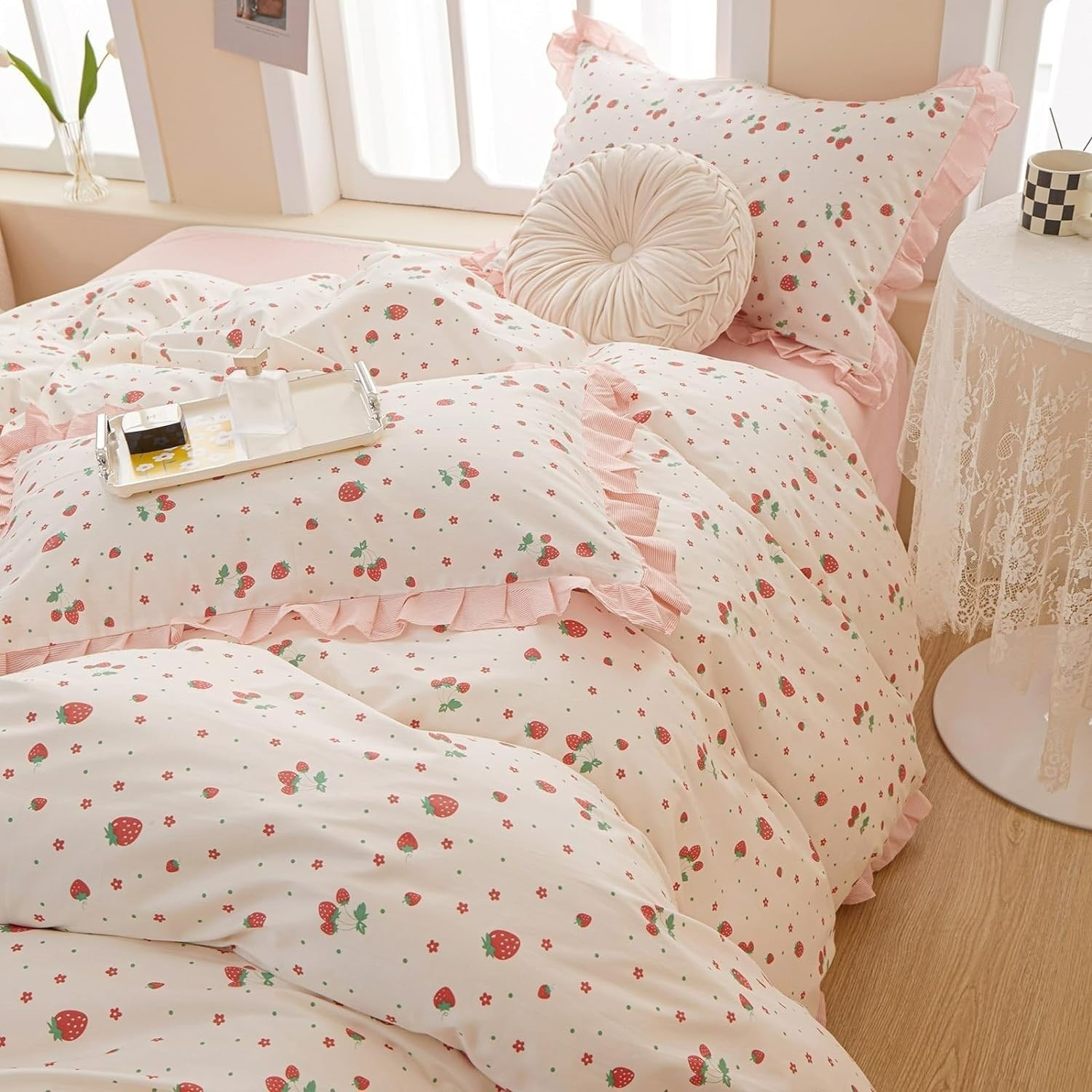 Encantador juego de funda nórdica de 3 piezas con estampado de fresas
