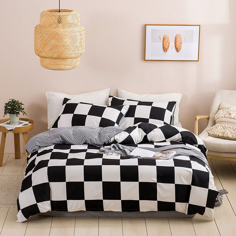 Juego de funda nórdica con estampado de cuadros grandes en blanco y negro