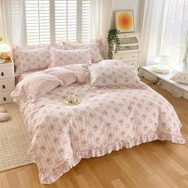 Juego de funda nórdica de 4 piezas con estampado floral y volantes