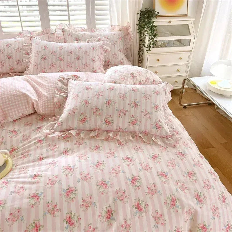 Juego de funda nórdica de 4 piezas con estampado floral y volantes