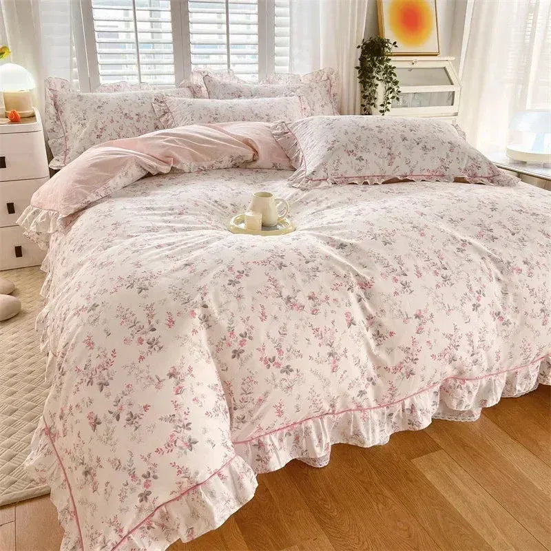 Juego de funda nórdica de 4 piezas con estampado floral y volantes