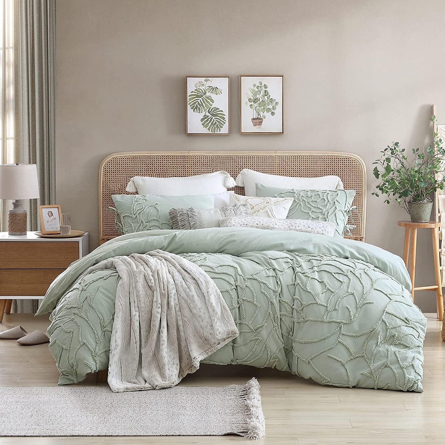 Juego de ropa de cama de 3 piezas con estampado de rosas verdes