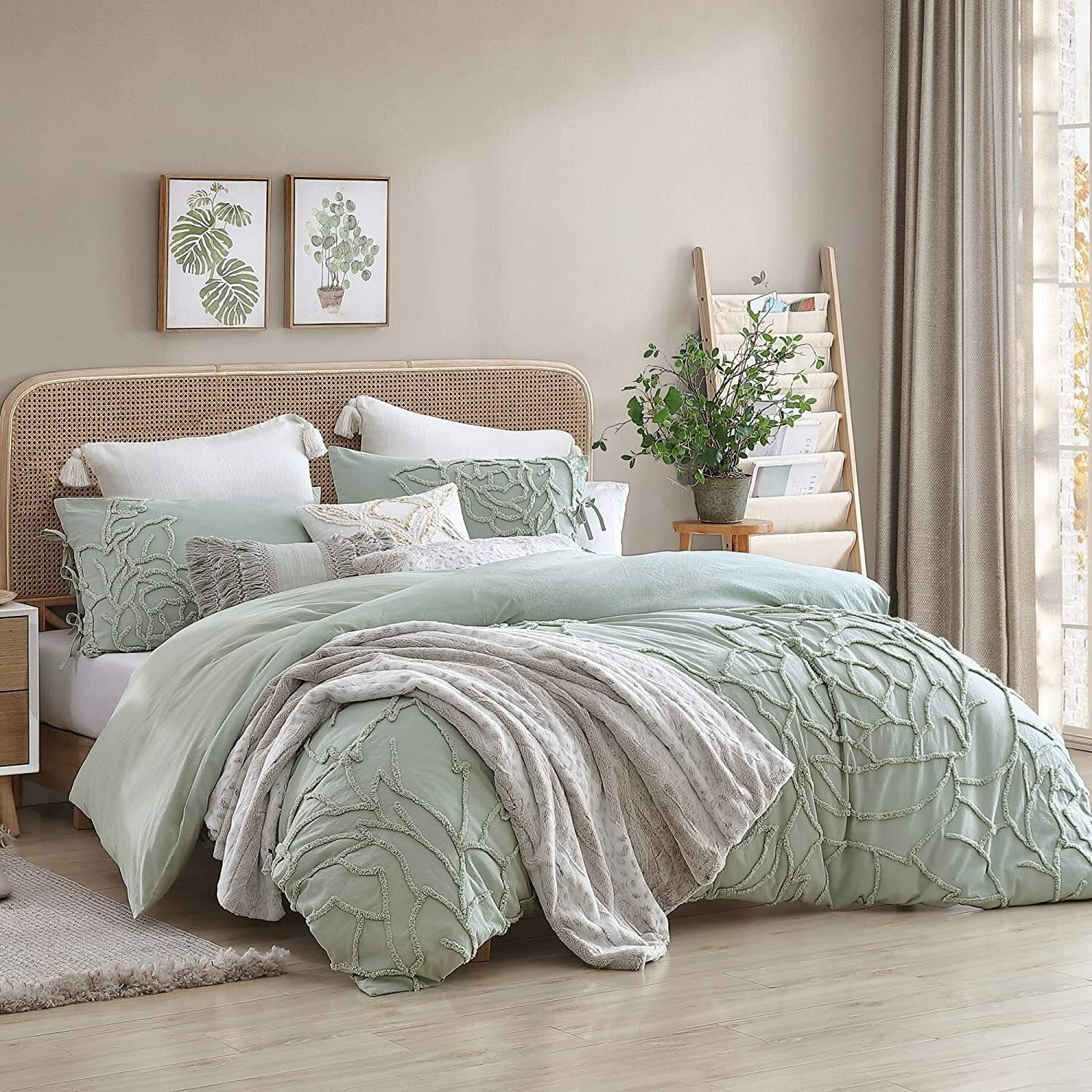 Juego de ropa de cama de 3 piezas con estampado de rosas verdes