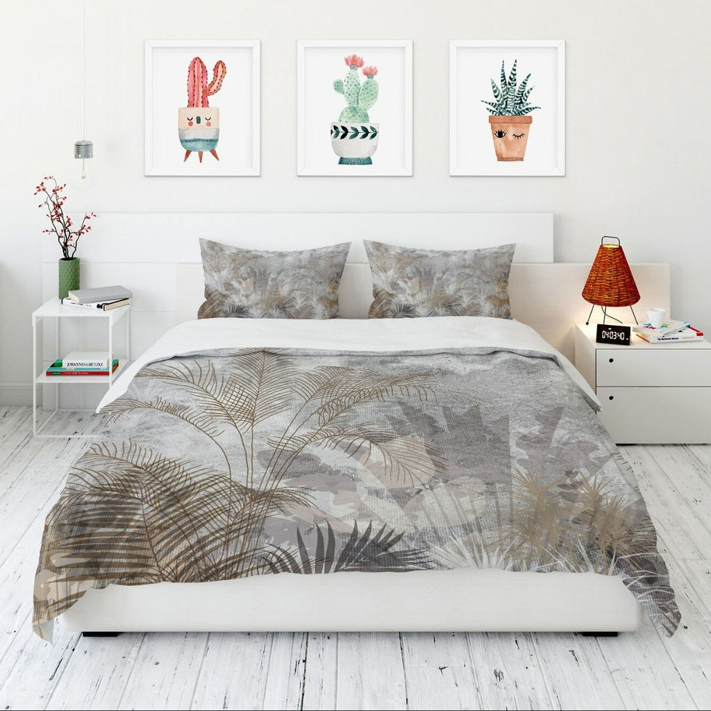 Juego de ropa de cama de tres piezas de algodón satinado con estampado floral beige