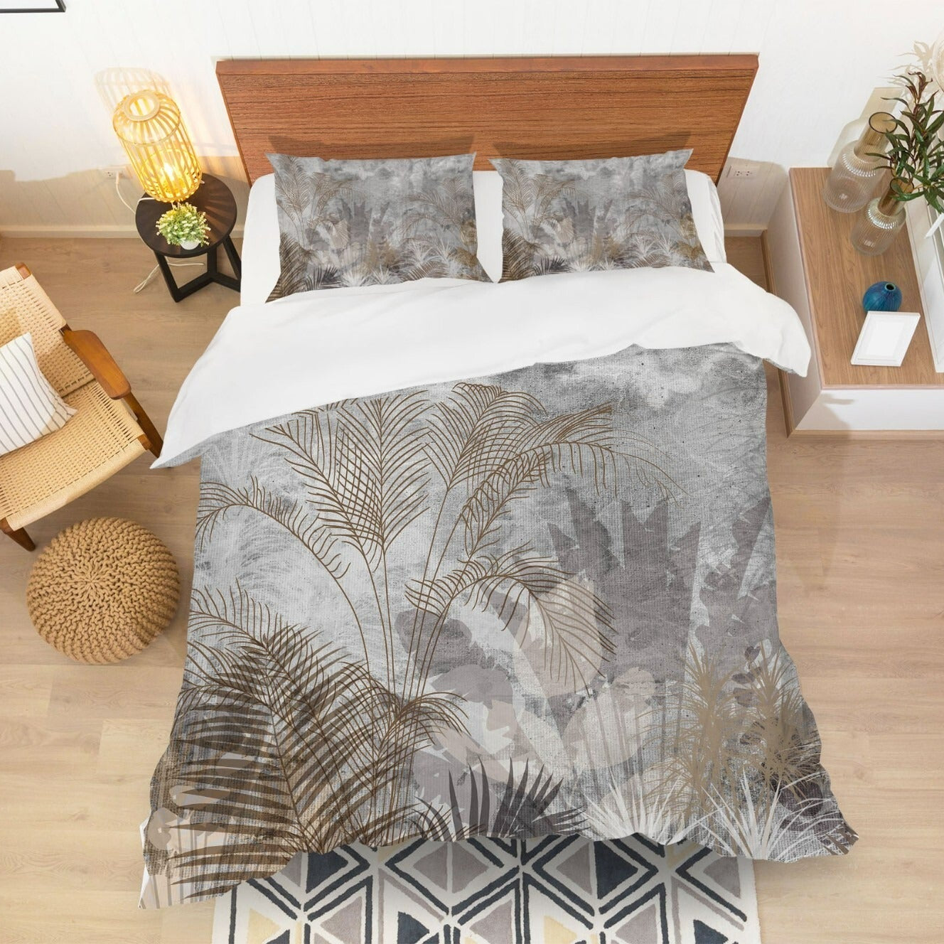 Juego de ropa de cama de tres piezas de algodón satinado con estampado floral beige